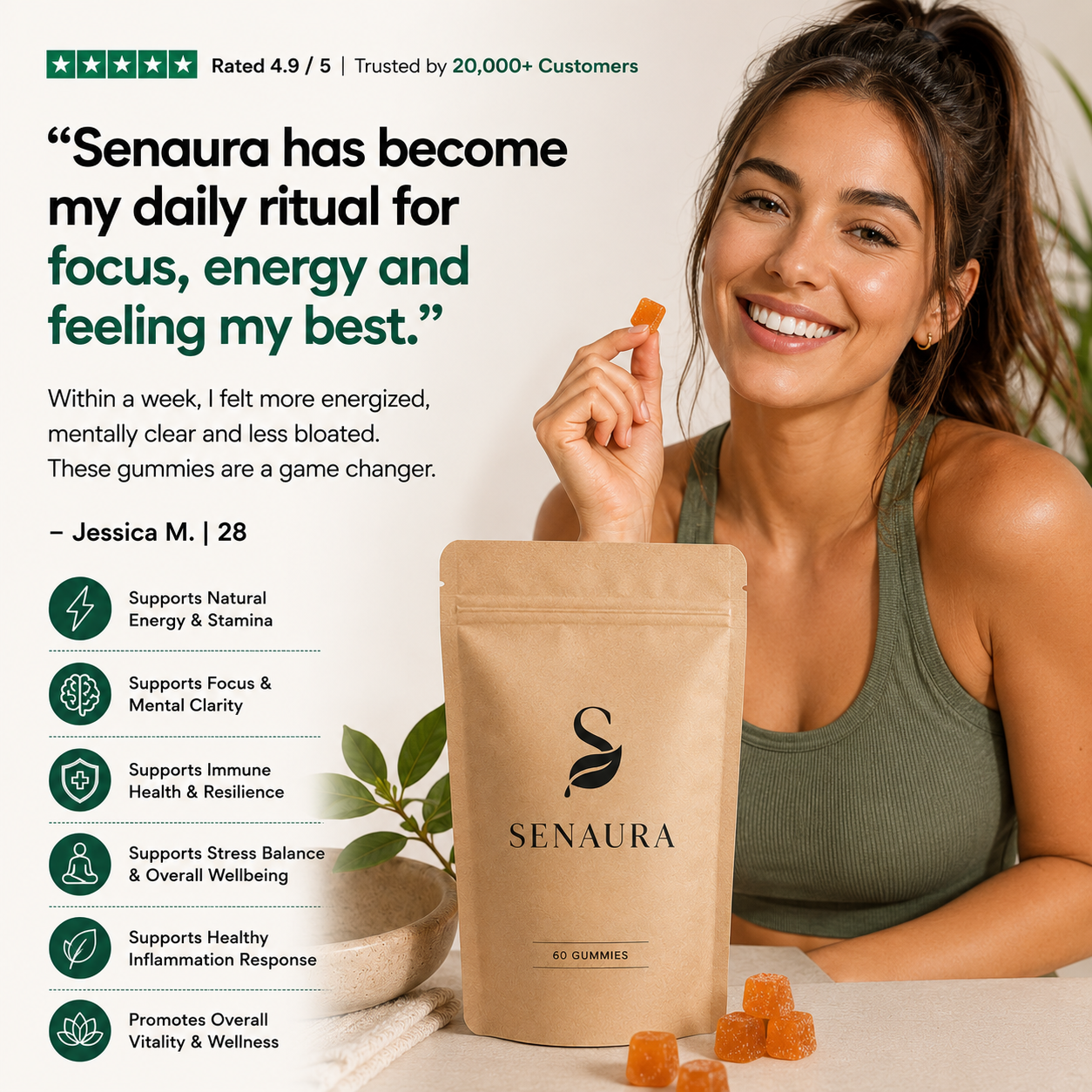 Senaura Mushroom Complex Gummies – Daily Focus, Energy & Immune Support | 60 Vegan Gummies