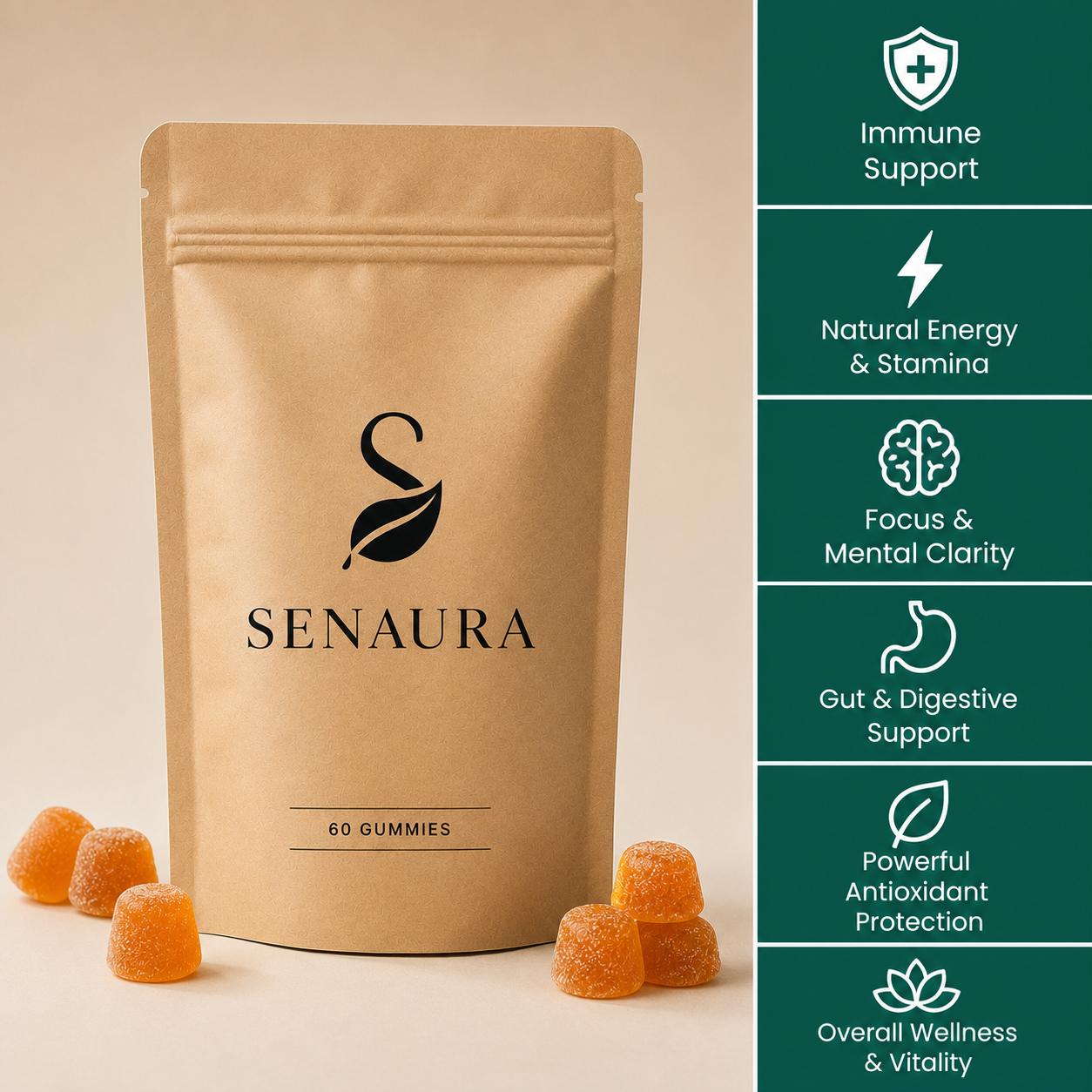 Senaura Mushroom Complex Gummies – Daily Focus, Energy & Immune Support | 60 Vegan Gummies