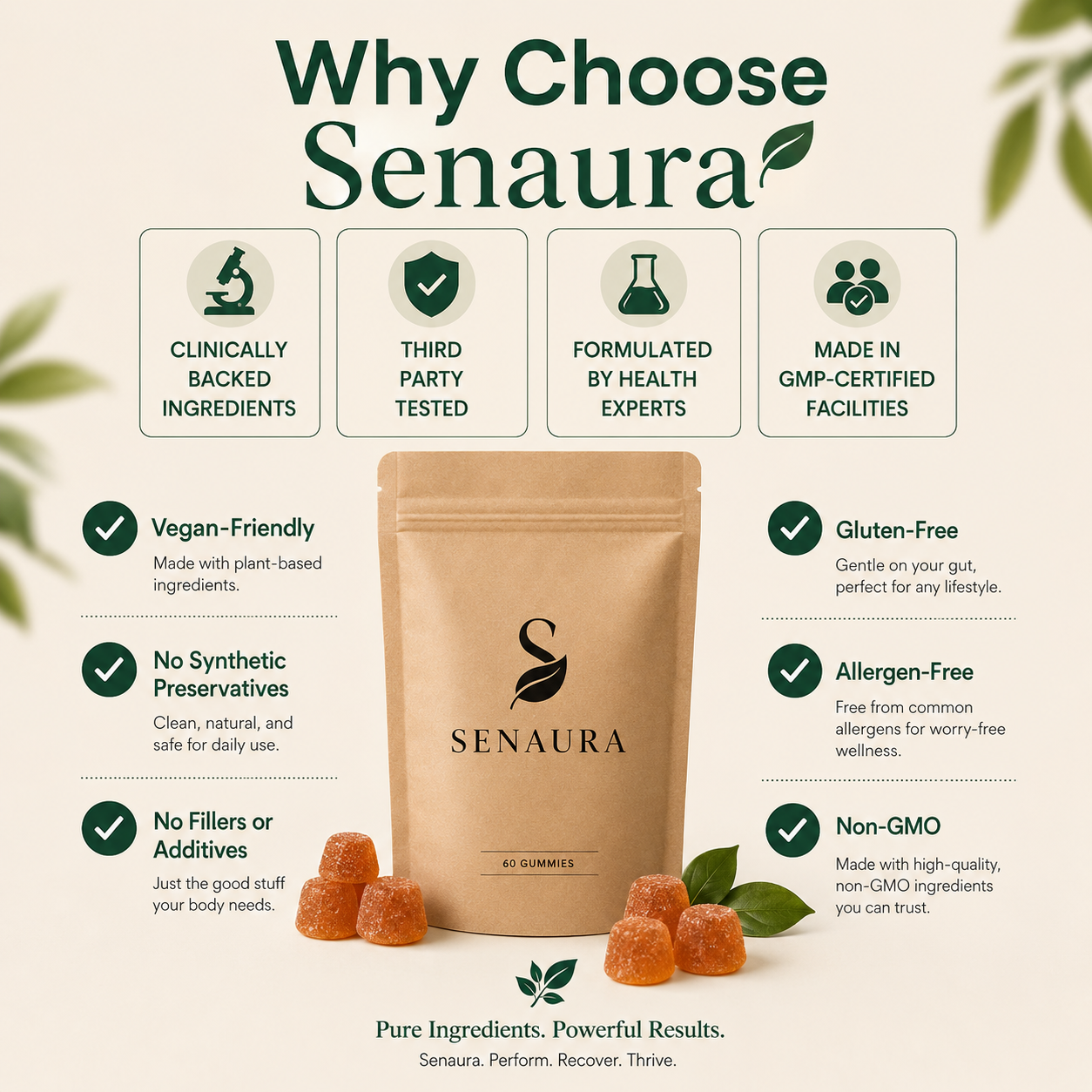 Senaura Mushroom Complex Gummies – Daily Focus, Energy & Immune Support | 60 Vegan Gummies
